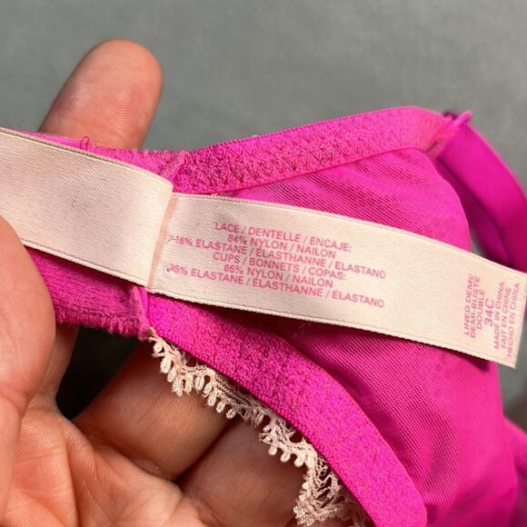 VICTORIA Secret Size 34C Lined Demi Hot Pink Bra With White Lace - Picture 4 of 5